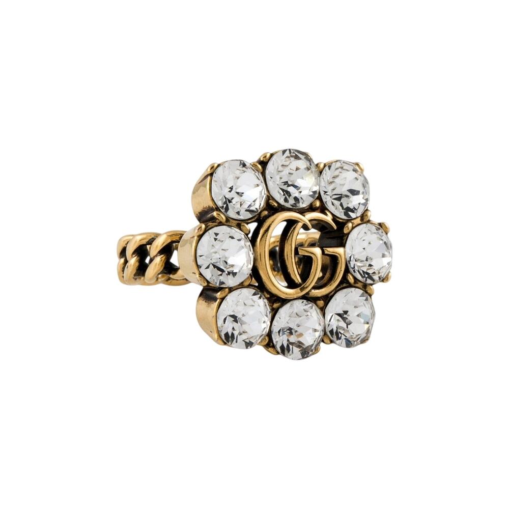 Gucci Gold-tone Crystal Double G Cocktail Ring 6.5 sz